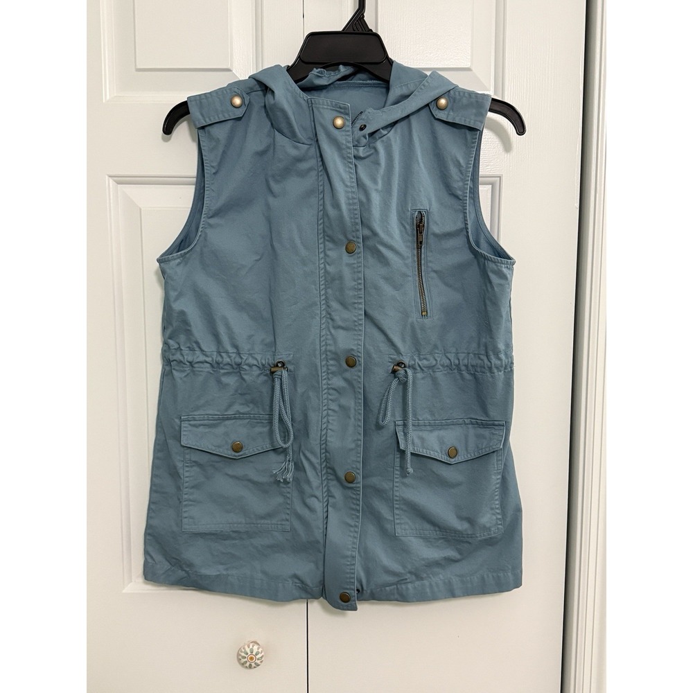Zenana Outfitters Womens Blue Cotton‎ Pockets Full-Zip Utility Vest Size Medium
